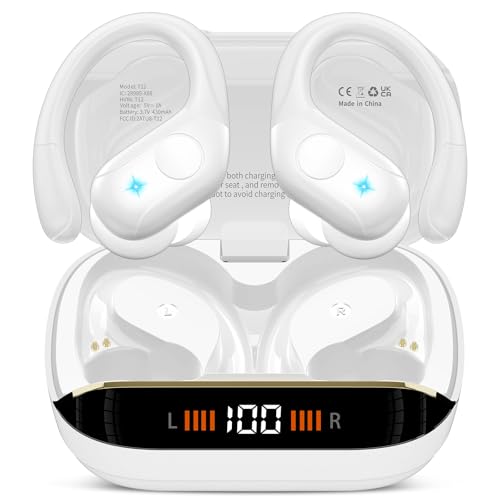 Bluetooth Kopfhörer Sport, 75H, In Ear Kopfhörer Kabellos Bluetooth 5.4, HiFi Stereo, Ohrhörer mit 4 HD ENC Mic, LED Anzeige, IP7 Wasserdicht Wireless Headset mit Ohrhaken, für Joggen/Arbeiten, Bianco von Qecnato
