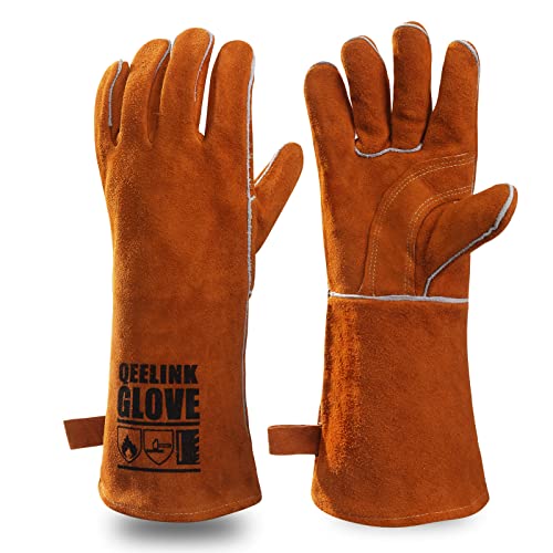QeeLink Schweißhandschuhe, hitze- und verschleißfest, gefüttert, Leder, feuerfeste Nähte, für Schweißer/Kamine/Grill/Gartenarbeit von QeeLink