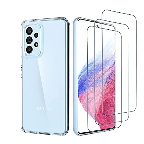 QFSM Transparent Hülle für Samsung Galaxy A53 5G mit 3 stück Panzerglas Schutzfolie, Weiche Silikon Durchsichtig Handyhülle, Anti-Gelb Kratzfest Stoßfest Schutzhülle TPU Case Cover (1.5mm) von Qfsm