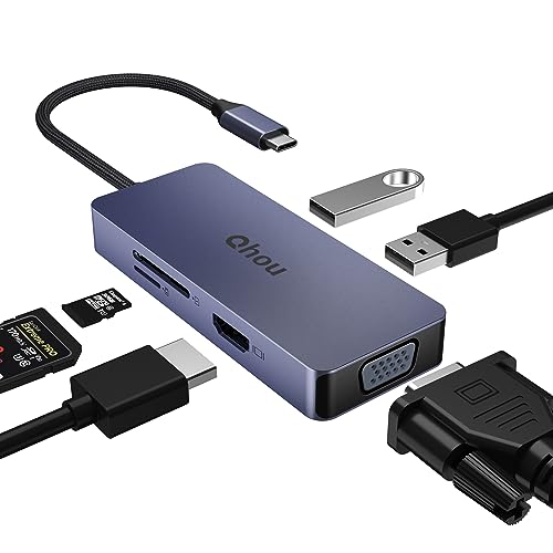 6-in-1 USB C Hub von Qhou mit 4K HDMI, VGA, 2 USB 2.0 und SD/TF-Kartenleser für MacBook Pro/Air, Dell, HP, Lenovo Pro von Qhou