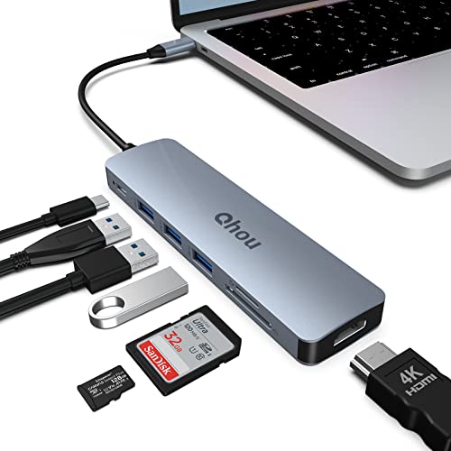 7-in-1 USB-C-Hub, Qhou USB-C-Adapter mit 4K HDMI, 3 USB 3.0, SD/TF Kompatibel mit MacBook Pro und Air USB-C-Laptops und Anderen Typ-C-Geräten mit 100W Schnellladeunterstützung von Qhou