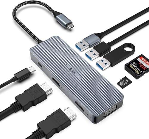 9 in 1 Triple Display USB C Adapter, Mac Pro/Air Docking Station, 2 x HDMI/VGA, Schnell für Dell, Surface, HP, Lenovo, Type C Geräte (SD/TF+USB A 3.0/2.0+PD Laden) von Qhou