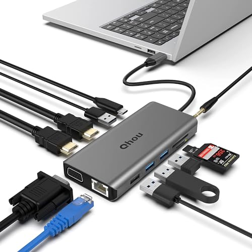 QHOU 12 in 1 USB C Hub, USB C Hub Adapter with 4K HDMI *2, 2* USB 3.0, Gigabit Ethernet Port, 2* USB 2.0, 100W PD, VGA, SD/TF Card Reader, 3.5mm Audio Jack USB C Dock Compatible with Laptop, iPad von Qhou