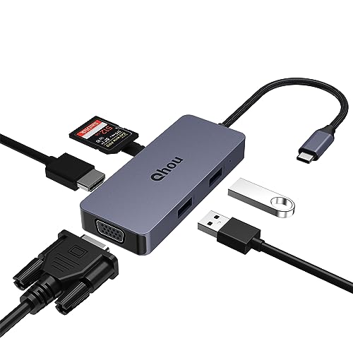 Qhou USB C Hub Adapter mit 4K HDMI, VGA, 2 USB 2.0, SD/TF Kartenleser, Multiport USB C Dock für MacBook Pro/Air, Dell, HP, Lenovo Pro, Surface Pro von Qhou