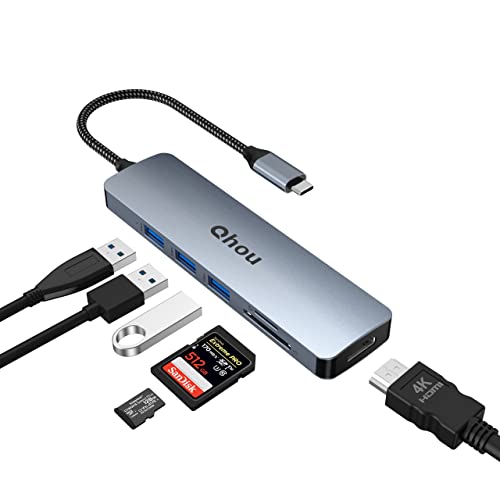 Qhou USB C Hub Hdmi, 6 in 1 USB C Multiport Adapter, 4K HDMI Adapter, 3 USB Port, SD/TF Kartenleser, USB Verteiler LAN Kompatibel mit MacBook Air, Ultra Slim von Qhou