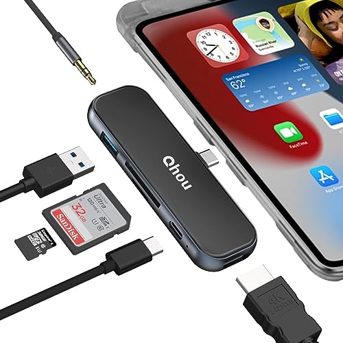 USB C Adapter für iPad Pro, 6 in 1 USB C Multiport Hub für iPad Pro 2021 2020 12,9/11 Zoll, iPad Air 5/4 Dongle 4K HDMI, USB 3.0 Port, SD/TF Kartenleser, 100W PD Schnellladung, Kopfhöreranschluss von Qhou
