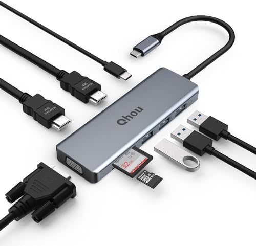 USB-C-Hub 2 HDMI, USB-C-Hub Dockingstation mit 2 x 4 K HDMI, Vga, 100 Pd, 3 USB 3.0, SD/TF-Kartenleser, USB-C-Adapter, 9 in 1, für Laptops USB Typ C von Qhou