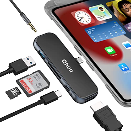 USB C Hub für iPad Pro, Qhou 6 in 1 USB C Adapter für iPad Pro 2021 2020 2018 12,9/11 Zoll, iPad Air 4 Dongle mit 4K HDMI, USB 3.0, SD/TF Slot, USB-C PD Schnellladung, Kopfhöreranschluss von Qhou