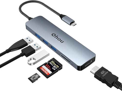 Ultra Slim Data Hub USB C Adapter, USB 3.0 HUB mit 4K HDMI Ausgang, schnelle Datenübertragung, 100W PD, SD/TF Kartenleser, Kompatibel für Lenovo, Typ C Geräte von Qhou
