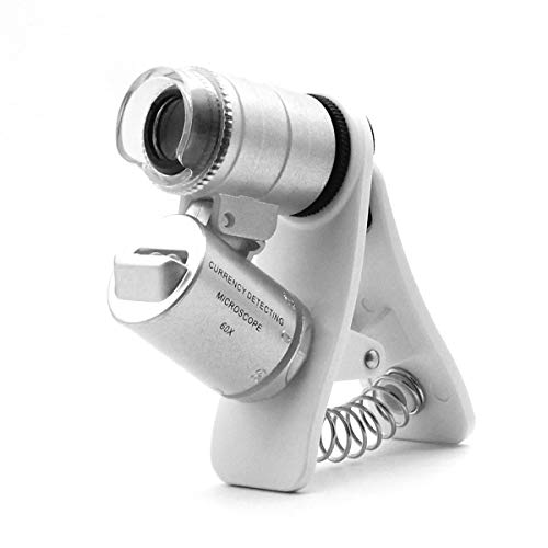 QiCheng&LYS 60x Zoom Mikroskop Lupe, Handy mikroskop, LED + Uv Licht Clip on Mikroobjektiv für Universal Mobiltelefone (60x Mit Clip) von QiCheng&LYS