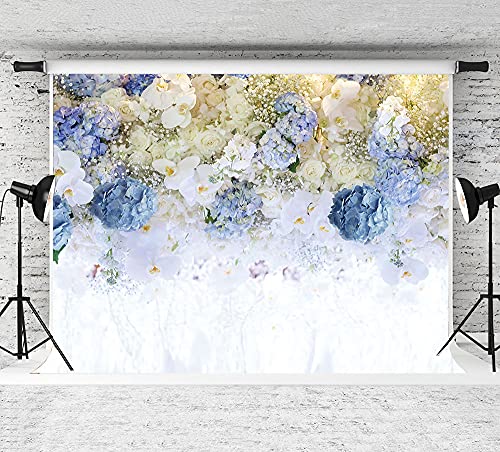 Fotohintergrund mit weißen und blauen Blumen für Hochzeit, Brautparty, Party, Hintergrund, Mädchen, Frau, Geburtstag, Portrait, Liebhaber, Jahrestag, Studio, Requisiten, 2,1 x 1,5 m, Vinyl von Qian