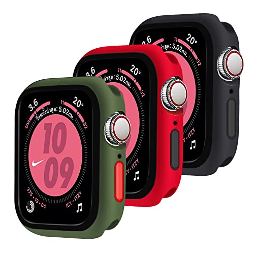 Qianyou 3 Stück Hülle für Apple Watch 45mm Series 7/8, Silikon Gehäuse Bumper mit Abnehmbare Knöpfe Ultra Dünn TPU Schutzhülle Anti-Scratch Case Cover für iWatch 7/8 45mm (Grün-Rot-Schwarz) von Qianyou