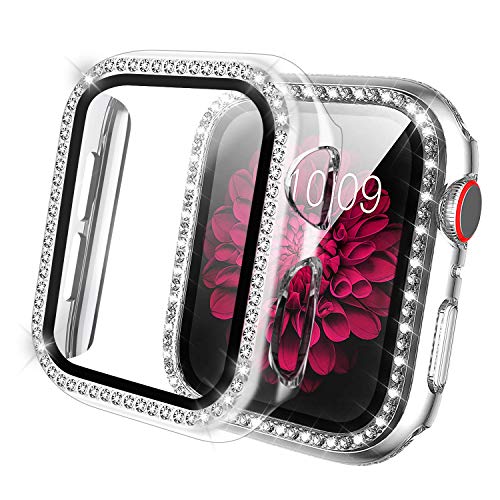 Hülle Glitzer mit Glasfolie für Apple Watch 40mm Series 6/SE/5/4, Qianyou Bling PC-Schutzrahmen Gehäuse mit Kratzfest Displayschutz Ultra Dünn Schutzhülle Bumper für iWatch 40mm-Klar von Qianyou