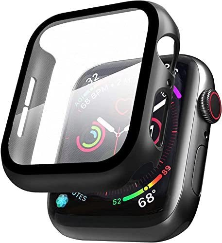 Smartwatch Gehäuse und Displayschutzfolie für Apple Watch 44mm Serie 5/4/6/SE, Qianyou Integriertes PC-Schutzgehäuse aus Gehärtetem Glas, Ultradünne Vollständige Stoßfängerabdeckung (Schwarz) von Qianyou