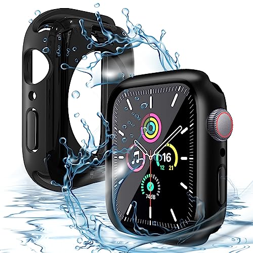 Smartwatch Gehäuse und Displayschutzfolie für Apple Watch 44mm Serie 5/4/6/SE, Qianyou Wasserdicht Integriertes PC-Schutzgehäuse aus Gehärtetem Glas, Ultradünne Vordere und Hintere Schalen von Qianyou