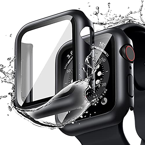 Wasserdichte Hülle für Apple Watch Series 6/SE/5/4 44mm mit Panzerglas Displayschutz, Qianyou Ultradünne PC Gehäuse mit HD Hartglas Screen Protector Vollschutz Bumper Cover für iWatch 44mm, Schwarz von Qianyou