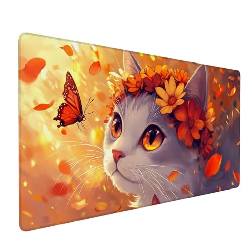 Mauspad XXL 900 x 400 x 3 mm,Wasserdicht Gaming Mousepad Orange Farbe,Schreibtischunterlage Katze mit Genähten Kanten,Großes Mousepad mit Rutschfester Gummibasis,Mouse Pad für Gaming,Büro,Zuhause Y-74 von Qiaoqoo