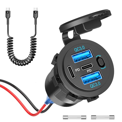 (4 Anschluss 90W) USB C PD Steckdose 12V Auto: Typ C Buchse Einbau Dose Wasserdicht 12 Volt DC Adapter KFZ Stecker mit Schalter Panel für iPhone Wohnmobil LKW Wohnwagen Motorrad Boot von Qidoe