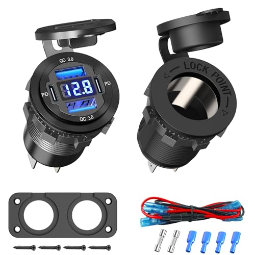 (4-USB) Aluminium 12V USB C Steckdose 78W 4-Port kfz Ladegerät, Dual PD 30W und Dual QC 18W Auto USB dose 12 Volt Einbau Zigarettenanzünder Stecker mit Voltmeter Geeignet für Boot LKW Motorrad von Qidoe
