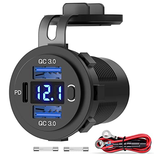 30W PD USB C Steckdose 12V Auto: USB Buchse Einbau Dose Wasserdicht 12 Volt DC Adapter KFZ Zigarette Stecker mit Schalter LED Voltmeter USB Anschluss für iPhone Wohnmobil Motorrad Boot LKW Wohnwagen von Qidoe