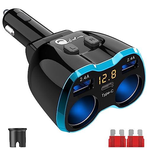 5-in-1 Auto Ladegerät: Zigarettenanzünder Verteiler Adapter Splitter 12V USB C KFZ Stecker 2 Fach Steckdose 12 Volt DC 80W mit LED Voltmeter Schalter Dual USB für Handy GPS Dash Kamera Sitzheizung von Qidoe