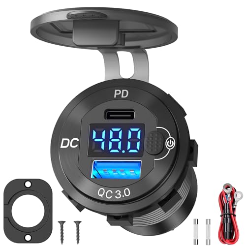 Hochspannungs USB Steckdose 12V 24V 36V 48V 60V Aluminium Autoladebuchse, PD 30W USB C und QC 36W Auto USB Anschluss Wasserdicht Zigarettenanzünder Power Adapter DIY Kit mit Knopfschalter für LKW, etc von Qidoe