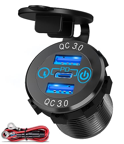 PD 3.0 USB C Steckdose 12V: 30W Typ C & QC 3.0 USB Einbau Buchse Aluminum Wasserdicht 12 Volt KFZ Dose Zigarettenanzünder Adapter mit Berührungs Schalter für Auto Motorrad Boot LKW Wohnwagen RV von Qidoe