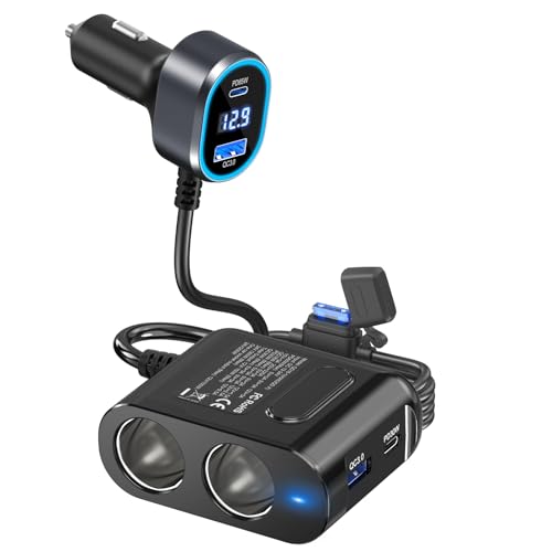 PD 65W Laptop KFZ Verteiler 200W: Auto Zigarettenanzünder Adapter 12V Dual USB C Ladegerät 2 Mehrfach Steckdose 12 Volt DC Stecker Splitter mit LED Voltmeter für iPhone Sitzheizung GPS Kamera Navi von Qidoe