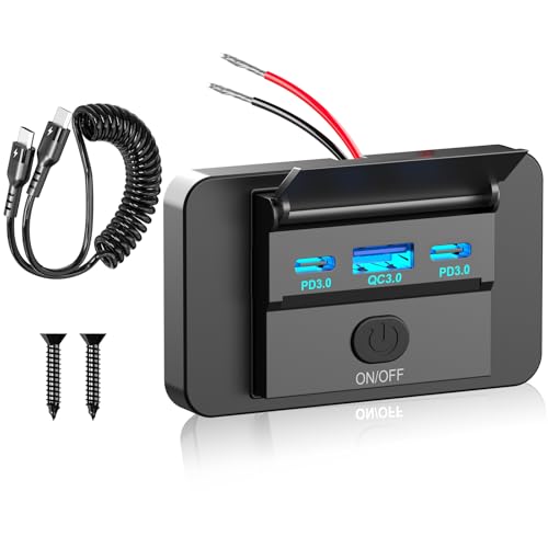 Qidoe 12V USB Steckdose Mit Netzschalter, Dual 36W PD Type C & QC 18W USB Panel Mount 12V Steckdose Mit USB C Kabel, Wasserdichter Auto USB Steckdosen Ladeadapter für RV ATV Truck Marine Golf Cart von Qidoe