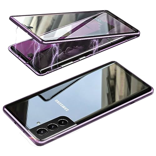 QiiStar 360 Grad Hülle für Samsung Galaxy S21 FE 5G,Metallrahmen Magnetisch Handyhülle mit Eingebautem Panzerglas und Kameraschutz Einteiliges Ultra Dünn Transparente Full Cover Case,Purple von QiiStar
