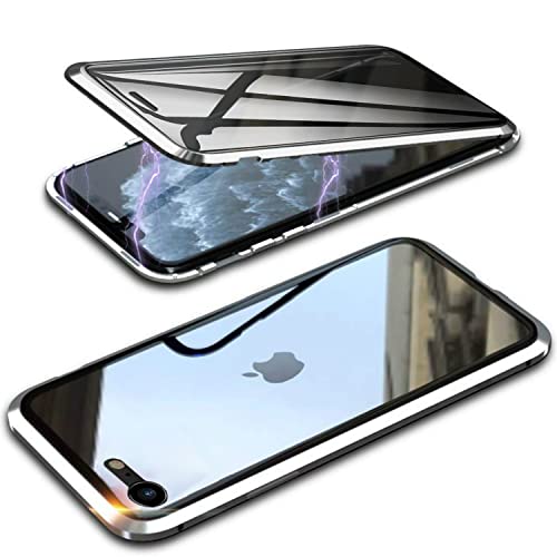 QiiStar Anti Spy Hülle für iPhone SE 2022/2020 iPhone 7/8,Sichtschutz Privacy Case Metallrahmen Rückseite Hartglas 360 Grad Full Cover Clear Magnetisch Ganzkörper Handyhülle,Silber von QiiStar