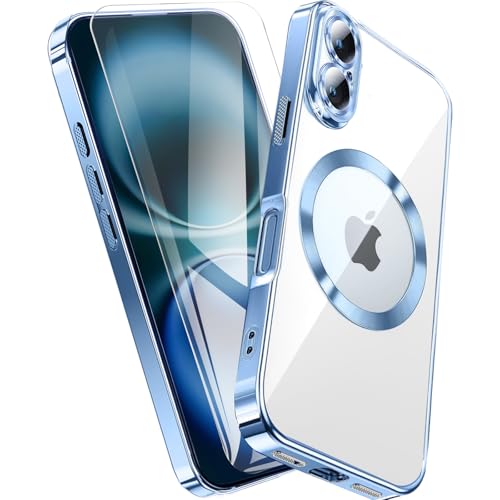 QiiStar für iPhone 16 Plus Hülle für MagSafe,Transparent Handyhülle mit Schutzfolie und Kameraschutz TPU Weiche Silikon Schutzhülle iPhone 16+ Case Cover [N52 Starke Magnete]- Titan Blau von QiiStar