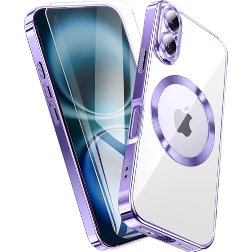 QiiStar für iPhone 16 Plus Hülle für MagSafe,Transparent Handyhülle mit Schutzfolie und Kameraschutz TPU Weiche Silikon Schutzhülle iPhone 16+ Case Cover [N52 Starke Magnete]- Titan Violett von QiiStar
