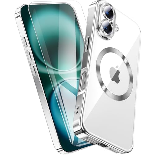 QiiStar für iPhone 16 Plus Hülle für MagSafe,Transparent Handyhülle mit Schutzfolie und Kameraschutz TPU Weiche Silikon Schutzhülle iPhone 16+ Case Cover [N52 Starke Magnete]- Titan Silber von QiiStar