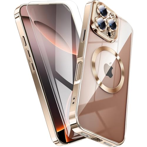 QiiStar für iPhone 16 Pro Hülle für MagSafe,Transparent Handyhülle mit Schutzfolie und Kameraschutz TPU Weiche Silikon Schutzhülle iPhone 16Pro Case Cover [N52 Starke Magnete]- Titan Gold von QiiStar