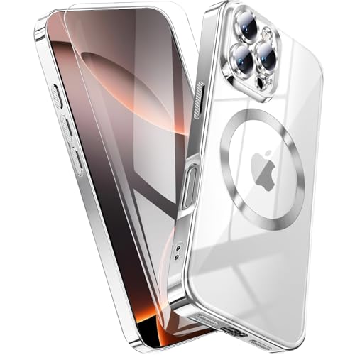 QiiStar für iPhone 16 Pro Max Hülle für MagSafe,Transparent Handyhülle Schutzfolie und Kameraschutz TPU Weiche Silikon Schutzhülle iPhone 16 ProMax Case Cover [N52 Starke Magnete]- Titan Silber von QiiStar