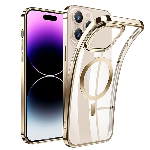 QiiStar Magnetisch für iPhone 15 Hülle für MagSafe [N52 Starke Magnete] Kabellosem Laden,Stoßfest Transparent Handyhülle Weiche TPU Silikon Schutzhülle Case - Klar Gold von QiiStar