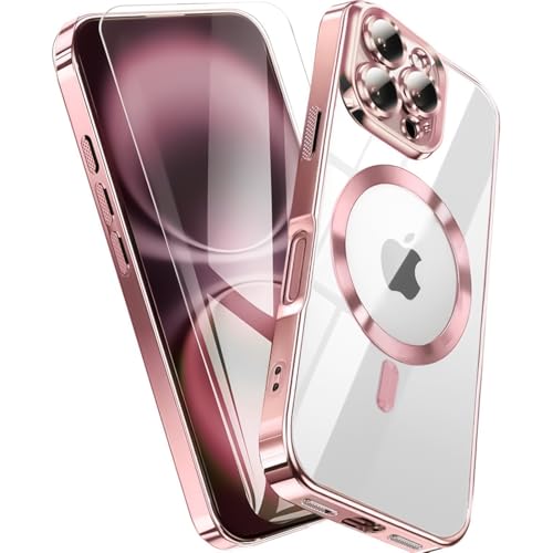 QiiStar für iPhone 16 Pro Max Hülle für MagSafe,Transparent Handyhülle Schutzfolie und Kameraschutz TPU Weiche Silikon Schutzhülle iPhone 16 ProMax Case Cover [N52 Starke Magnete]- Rosa von QiiStar