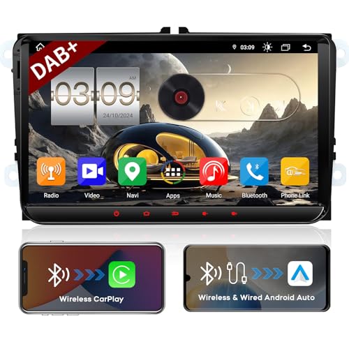 QIIKEN Autoradio mit Navi für VW T5 Golf 5 6 Polo Sharan Seat Passat Tiguän, Doppel din Radio IPS Bildschirm Mediareceiver 4G+64G mit CarPlay Android Auto Bluetooth DAB+ WiFi SIM PDC RDS GPS FM von Qiiken