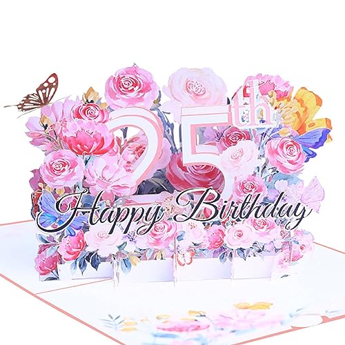 25. Geburtstagskarte, 3D Blume Pop Up Karte Geburtstag Grußkarte, Grußkarten Geburtstagskarten mit Umschlag und Notizkarte Pop-up-Karte Geburtstagsgeschenk für Frauen und Männer Happy Birthday card von Qikaara