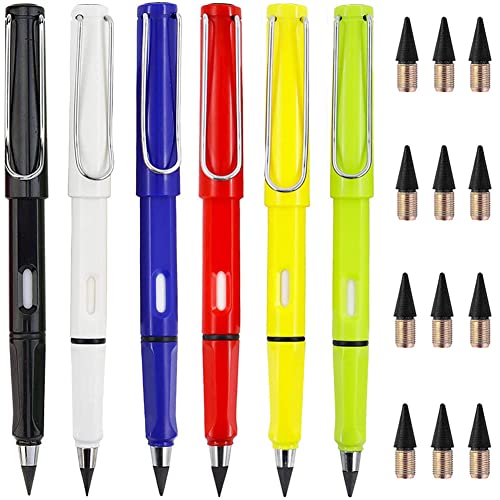 Qikaara 6 Stück Tintenlose Bleistifte Ewig Bleistift Langlebiger Magischer Bleistift, mit 12 auswechselbaren Spitzen, unendlicher Bleistift Set, Magic Pencil von Qikaara