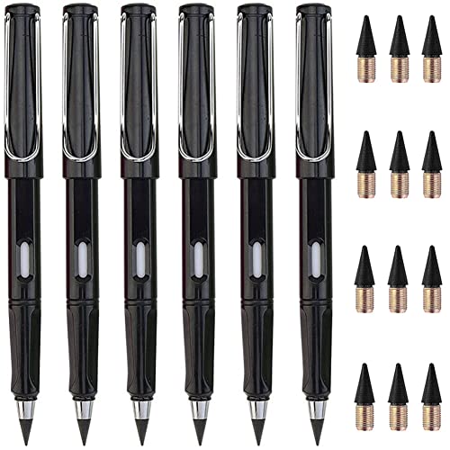 Qikaara Ewiger Bleistift, 6 Stück Schwarz Tintenloser Bleistift, Langlebiger Magischer Bleistift, Bleistifte Set, mit auswechselbaren Spitzen, unendlicher Bleistift, Magic Pencil black von Qikaara