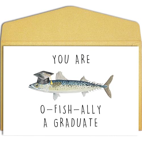 Qiliji Lustige Fischabschlusskarte, Angelkarte für Sie und Ihn, Glückwunschkarte zum Schulabschluss, Aufschrift "You Are Officially A Graduate" von Qiliji