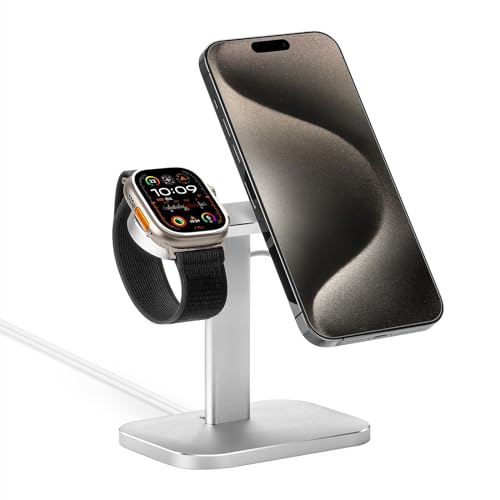 Handy Ständer für MagSafe Ladegerät, 2 in 1 Verstellbarer Aluminium Tisch Halterung Halter für iPhone und Apple Watch [Ladegerät Nicht Enthalten] (Silber) von QinCoon