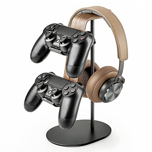 QinCoon Controller und Kopfhörer Halter, Aluminium und Holz Gaming Controller & Headset Ständer Halterung für PS5 PS4 Xbox One Nintendo Switch, Universelles Schreibtisch-Game-Zubehör von QinCoon