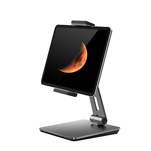 QinCoon Tablet Ständer, Verstellbar Heavy Duty Aluminium Halterung, 360° Drehen Faltbar Metall Tablet Halter für iPad, Samsung Tab, Kindle (4,7-13 Zoll) (Grau) von QinCoon