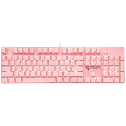 Qisan Mechanische Gaming-Tastatur, kabelgebunden, weiße Hintergrundbeleuchtung, blaue Schalter, volle Größe 104 Tasten, US-Layout, Rosa von Qisan