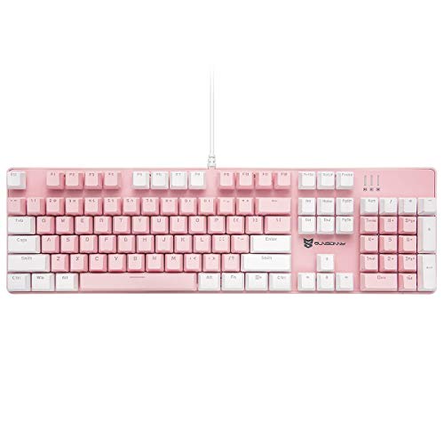 Qisan Mechanische Gaming-Tastatur, kabelgebundene Tastatur Led Hintergrundbeleuchtung Weiß und Rosa 104Tasten Amerikanisches Layout Gaming-Tastatur mit Abnehmbarer,Blau Schalter von Qisan