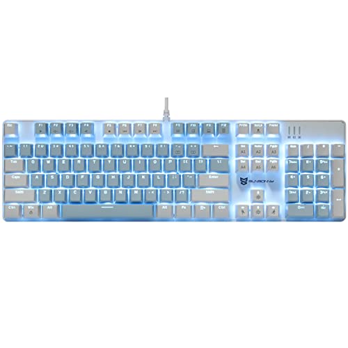 Qisan Mechanische Gaming-Tastatur, volle Größe, 104 Tasten, US-Layout, kabelgebunden, blauer Schalter, eisblaue Hintergrundbeleuchtung, Tastatur mit blauer und weißer Farbe von Qisan