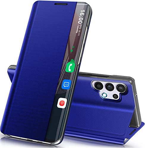 Handyhülle für Samsung Galaxy A13 4G Hülle Klappbar, Luxus Dünn Spiegel Flip Leder Hard PC Stoßfest Case Cover für Samsung Galaxy A13 Hülle mit Ständer Klappbar, Smart Clear View für Samsung A13 Hülle von Qissy